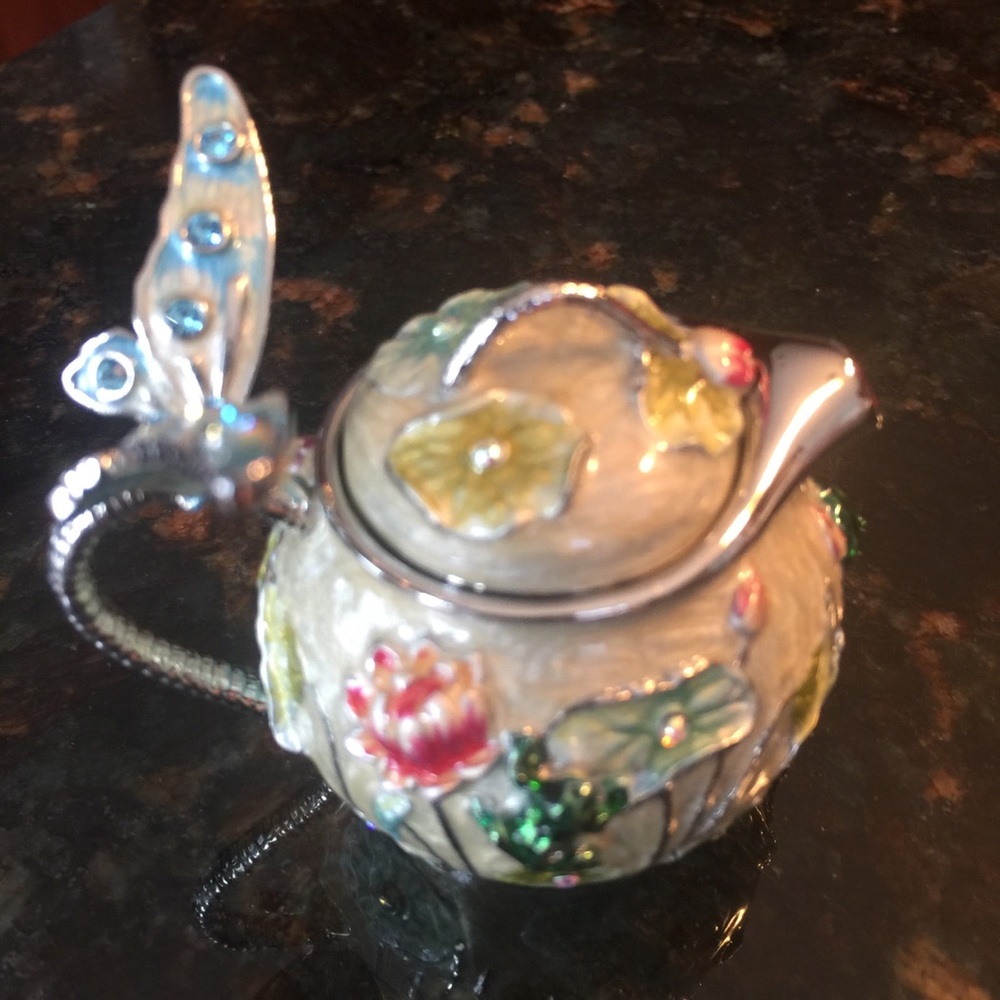 Enamel Teapot Keepsake Box W/ Butterfly Handle